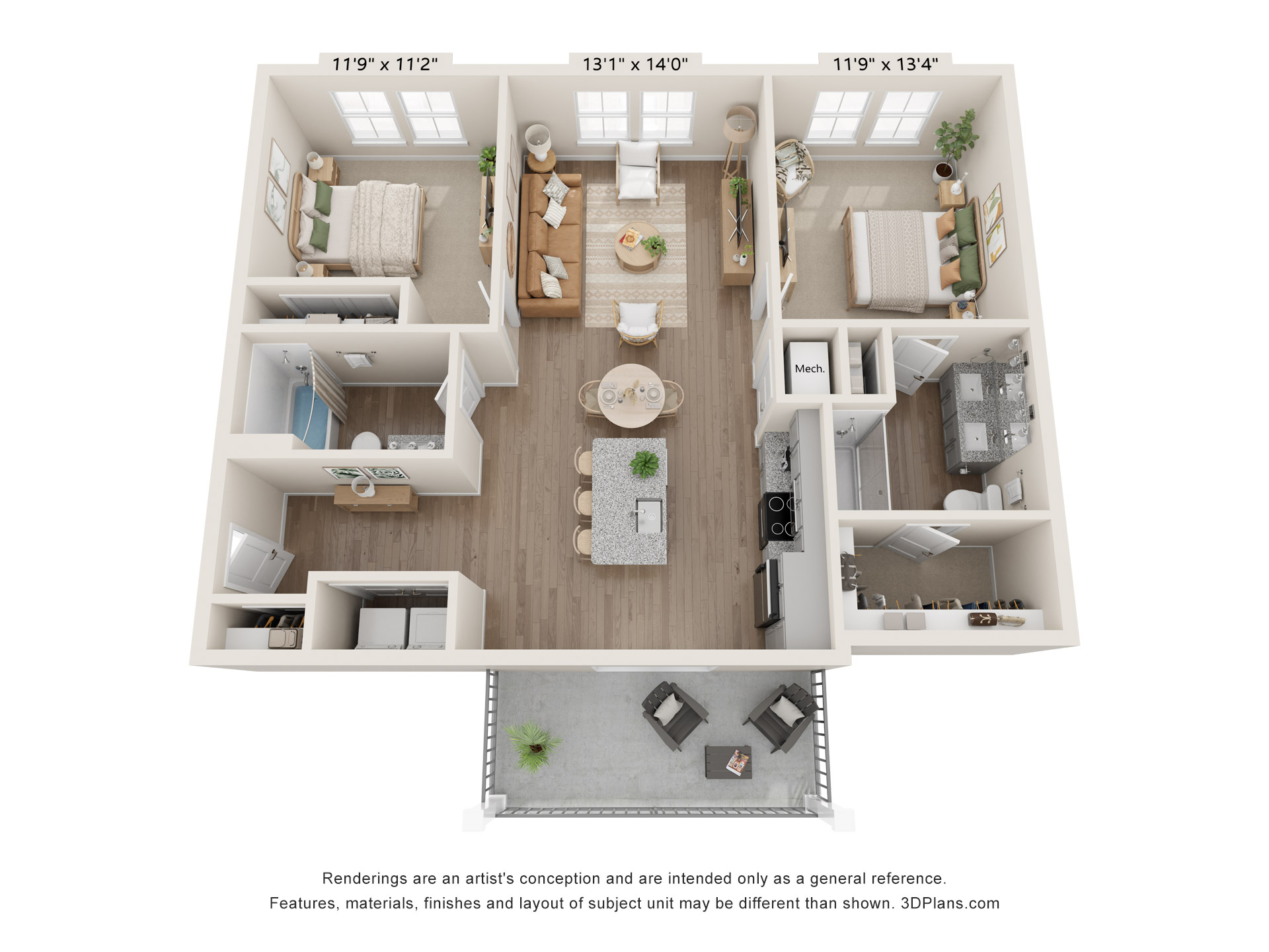 Floor plan for 2 beds, 2 baths, 1066 sqft